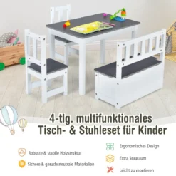 4 teiliges Kindersitzgruppe Holz Sitzgruppe Kinder Kindertischgruppe Grau + Weiß