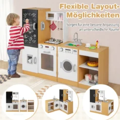 3-teiliges Kinder-Spielküchenset Holz Spielküche mit realistischen Geräuschen & Lichtern Natur + Weiß