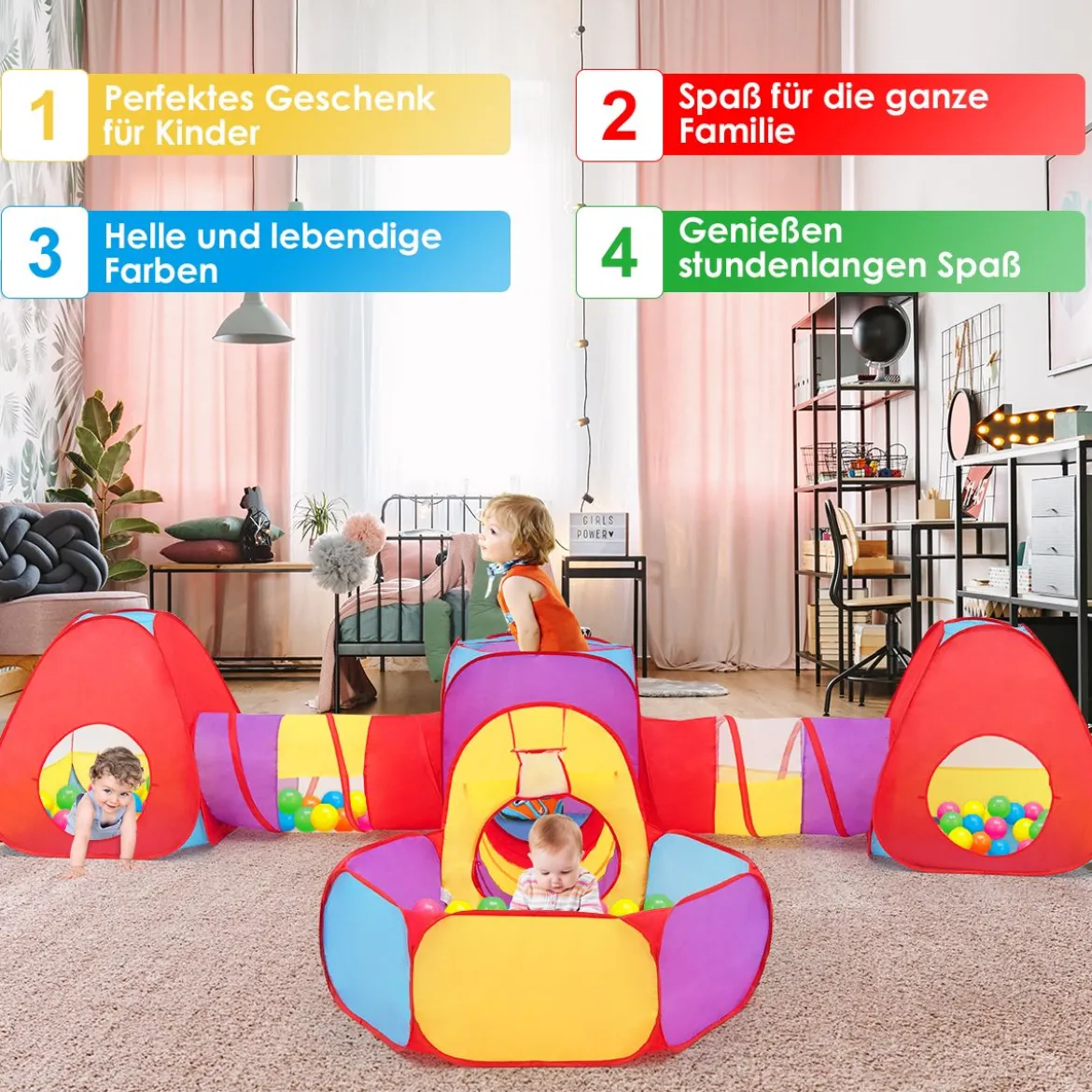 7 teiliges Kinderzelt Spielzelt & Tunnel Spielhaus mit 200 Marine Bälle Bunt