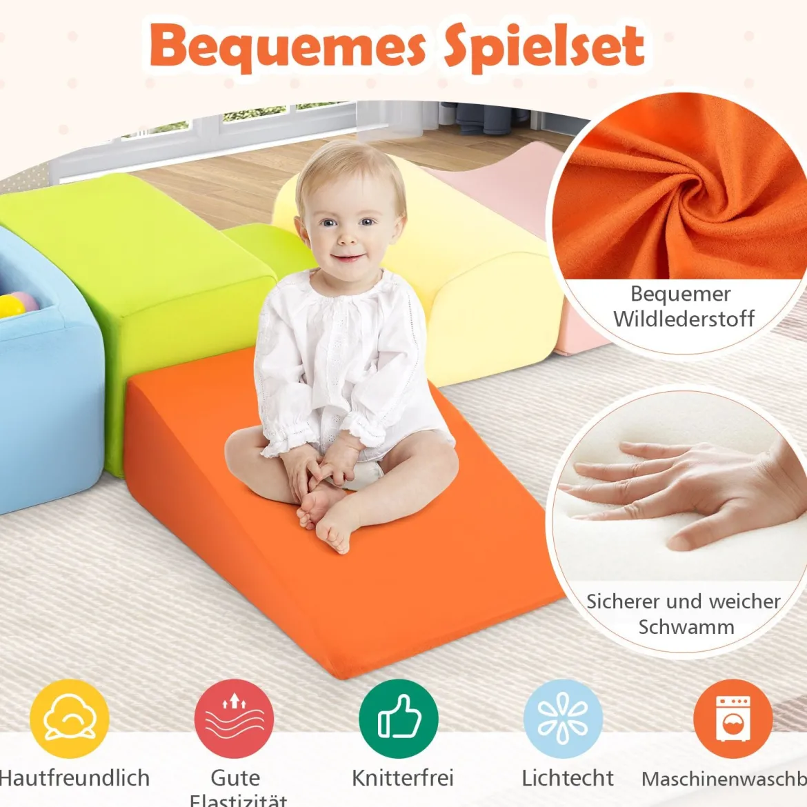 5-teiliges Kletter- & Krabbelspielset weiche Kletterblöcke mit Bällebad (ohne Bälle) maschinenwaschbaren Bezüge Bunt