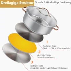 11-Teiliges Kochgeschirr Set mit Transparenten Deckeln & Dreilagigem Boden Silber + Roségold