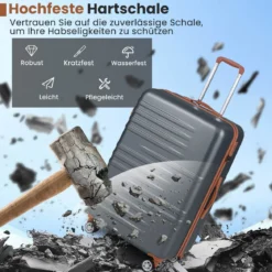 3-teiliges Kofferset Hartschalen Kofferset mit TSA-Schloss Teleskop-Aluminiumgriff & 4 Rollen Grau