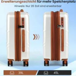 3-teiliges Kofferset Hartschalen Kofferset mit TSA-Schloss Teleskop-Aluminiumgriff & 4 Rollen Weiß