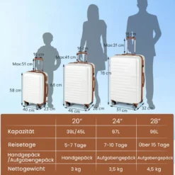 3-teiliges Kofferset Hartschalen Kofferset mit TSA-Schloss Teleskop-Aluminiumgriff & 4 Rollen Weiß