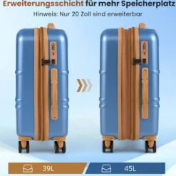 3-teiliges Kofferset Hartschalen Kofferset mit TSA-Schloss Teleskop-Aluminiumgriff & 4 Rollen Blau