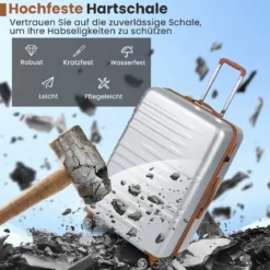 3-teiliges Kofferset Hartschalen Kofferset mit TSA-Schloss Teleskop-Aluminiumgriff & 4 Rollen Silber