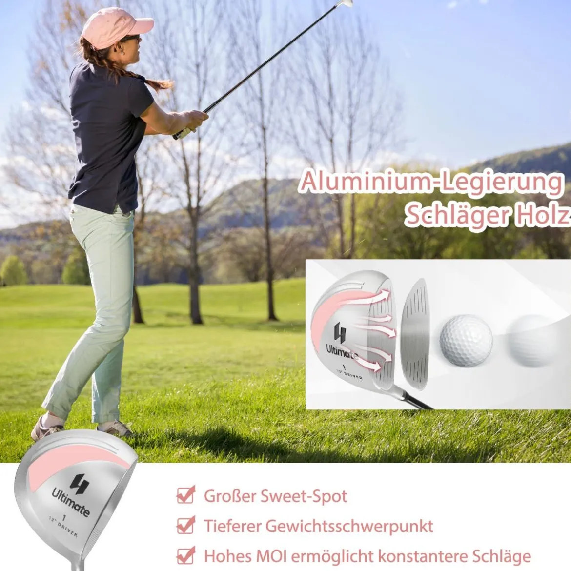 9-teiliges Komplettes Golfschlägerset für Rechtshändig Spielende Damen mit Schlägerhauben