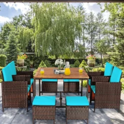 9-teiliges Möbel-Set platzsparende Garten Esssitzgruppe mit Abnehmbaren Kissen Türkis
