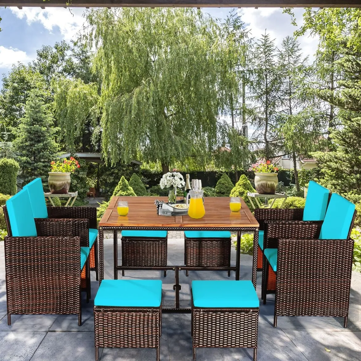 9-teiliges Möbel-Set platzsparende Garten Esssitzgruppe mit Abnehmbaren Kissen Türkis