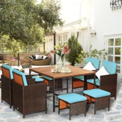 9-teiliges Möbel-Set platzsparende Garten Esssitzgruppe mit Abnehmbaren Kissen Türkis