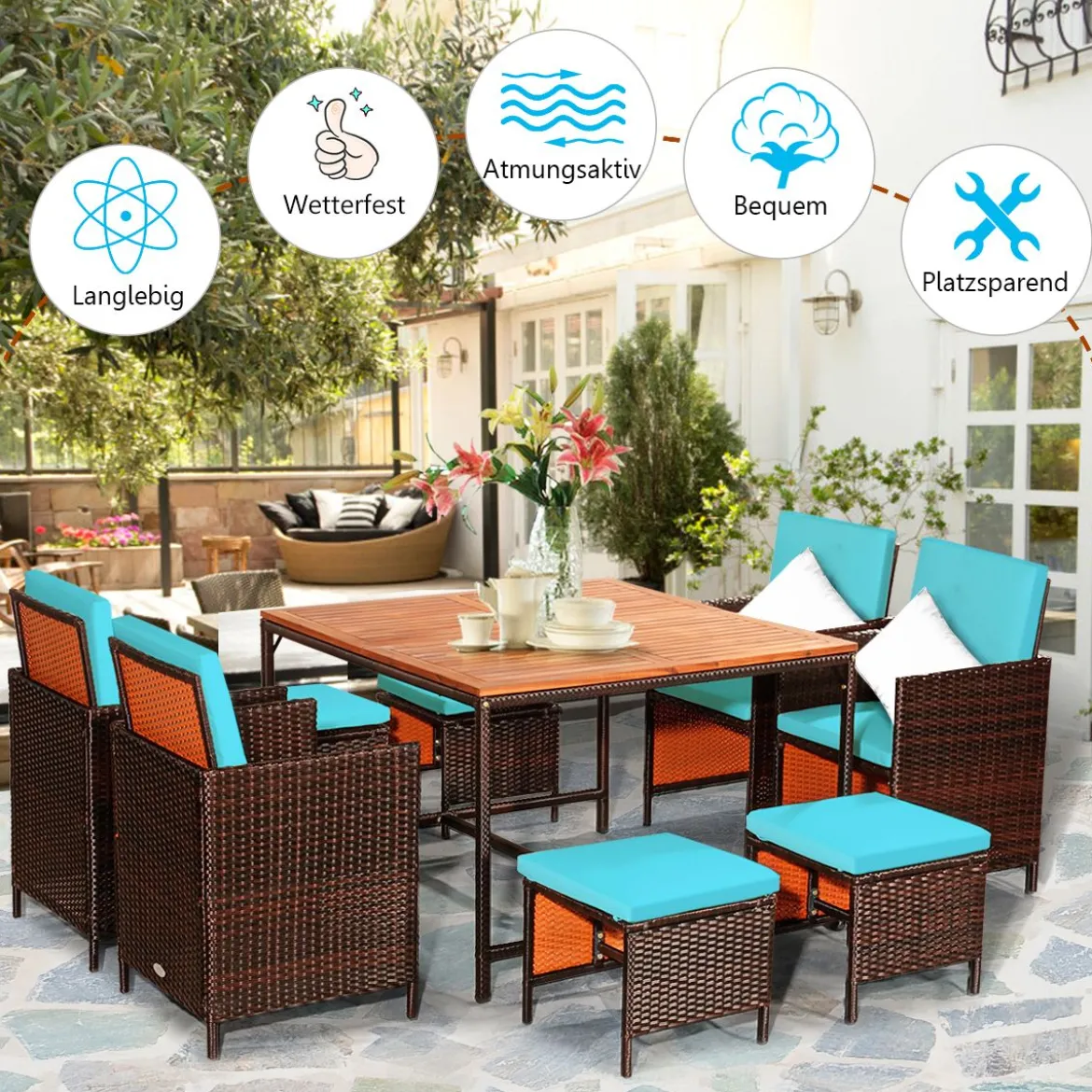 9-teiliges Möbel-Set platzsparende Garten Esssitzgruppe mit Abnehmbaren Kissen Türkis