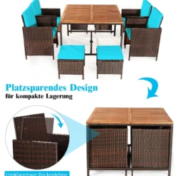 9-teiliges Möbel-Set platzsparende Garten Esssitzgruppe mit Abnehmbaren Kissen Türkis
