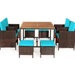 9-teiliges Möbel-Set Polyrattan Set Rattanmöbel Garten Esssitzgruppe mit Kissen Braun + Türkis