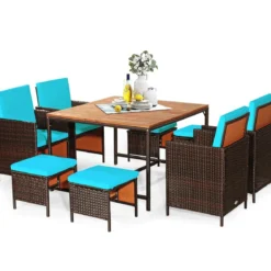 9-teiliges Möbel-Set Polyrattan Set Rattanmöbel Garten Esssitzgruppe mit Kissen Braun + Türkis