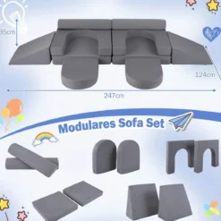 10-Teiliges Modulares Spielsofa Kindersofa mit Abnehmbarem & Waschbarem Bezug aus Wildleder Blau/Grau/Beige