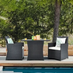 3-teiliges Patio Ess-Set Platzsparendes PE-Rattan Bistro Set mit Tischplatte