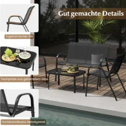 4-teiliges Patio Metallstuhl-Set Modernes Stuhlund Tisch-Set mit Stoffbezug Tischplatte aus gehärtetem Glas Schwarz/Braun/Grau/Blau