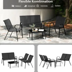 4-teiliges Patio Metallstuhl-Set Modernes Stuhlund Tisch-Set mit Stoffbezug Tischplatte aus gehärtetem Glas Schwarz/Braun/Grau/Blau