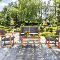 4-teiliges Patio-Rattan-Gesprächsset mit Akazienholzrahmen Sectional Furniture Set für Garten