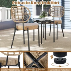 3-teiliges PE-Rattan Outdoor Bistro-Set Patio-Gesprächsset mit temperiertem Glas-Couchtisch Braun