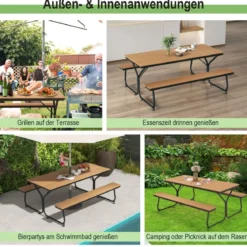 3-teiliges Picknicktisch & Bank-Set mit Holzähnlicher Textur für 8 Personen Braun