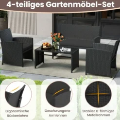 4-teiliges Rattan Gartenmöbel Wicker 2-Sitzer Sofa mit gehärtetem Glas-Couchtisch Schwarz