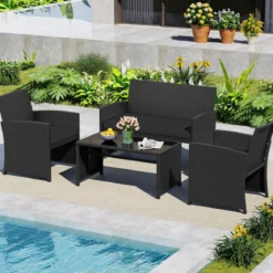 4-teiliges Rattan Gartenmöbel Wicker 2-Sitzer Sofa mit gehärtetem Glas-Couchtisch Schwarz