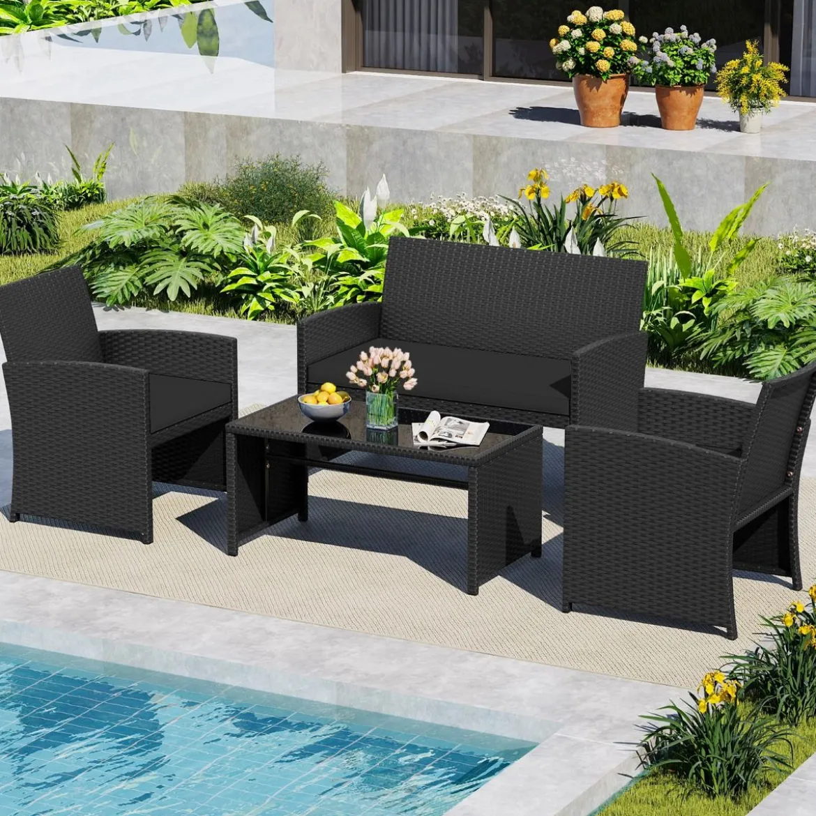 4-teiliges Rattan Gartenmöbel Wicker 2-Sitzer Sofa mit gehärtetem Glas-Couchtisch Schwarz