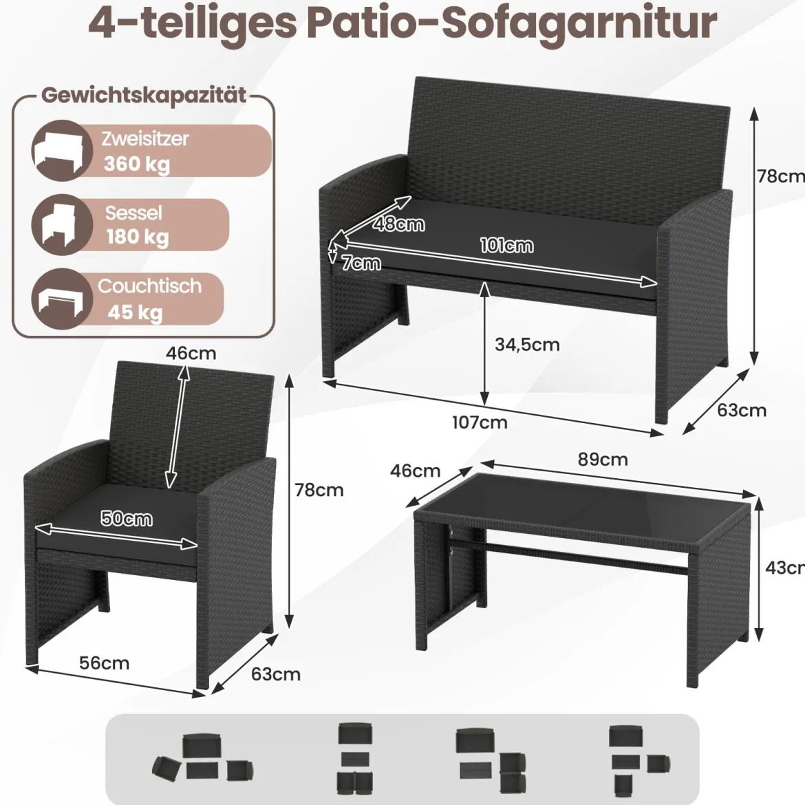 4-teiliges Rattan Gartenmöbel Wicker 2-Sitzer Sofa mit gehärtetem Glas-Couchtisch Schwarz