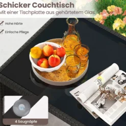 4-teiliges Rattan Gartenmöbel Wicker 2-Sitzer Sofa mit gehärtetem Glas-Couchtisch Schwarz