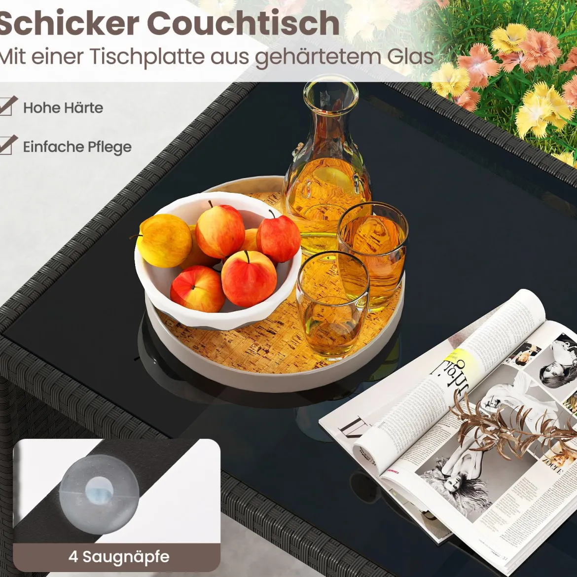 4-teiliges Rattan Gartenmöbel Wicker 2-Sitzer Sofa mit gehärtetem Glas-Couchtisch Schwarz