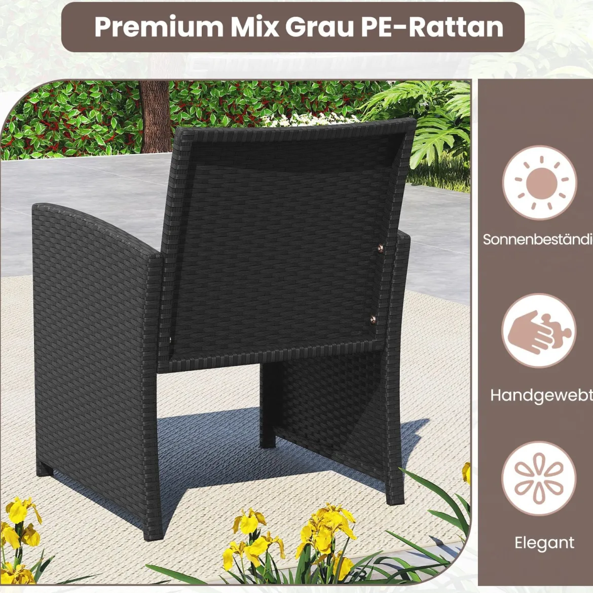 4-teiliges Rattan Gartenmöbel Wicker 2-Sitzer Sofa mit gehärtetem Glas-Couchtisch Schwarz