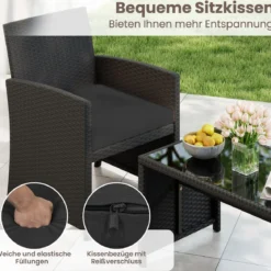 4-teiliges Rattan Gartenmöbel Wicker 2-Sitzer Sofa mit gehärtetem Glas-Couchtisch Schwarz