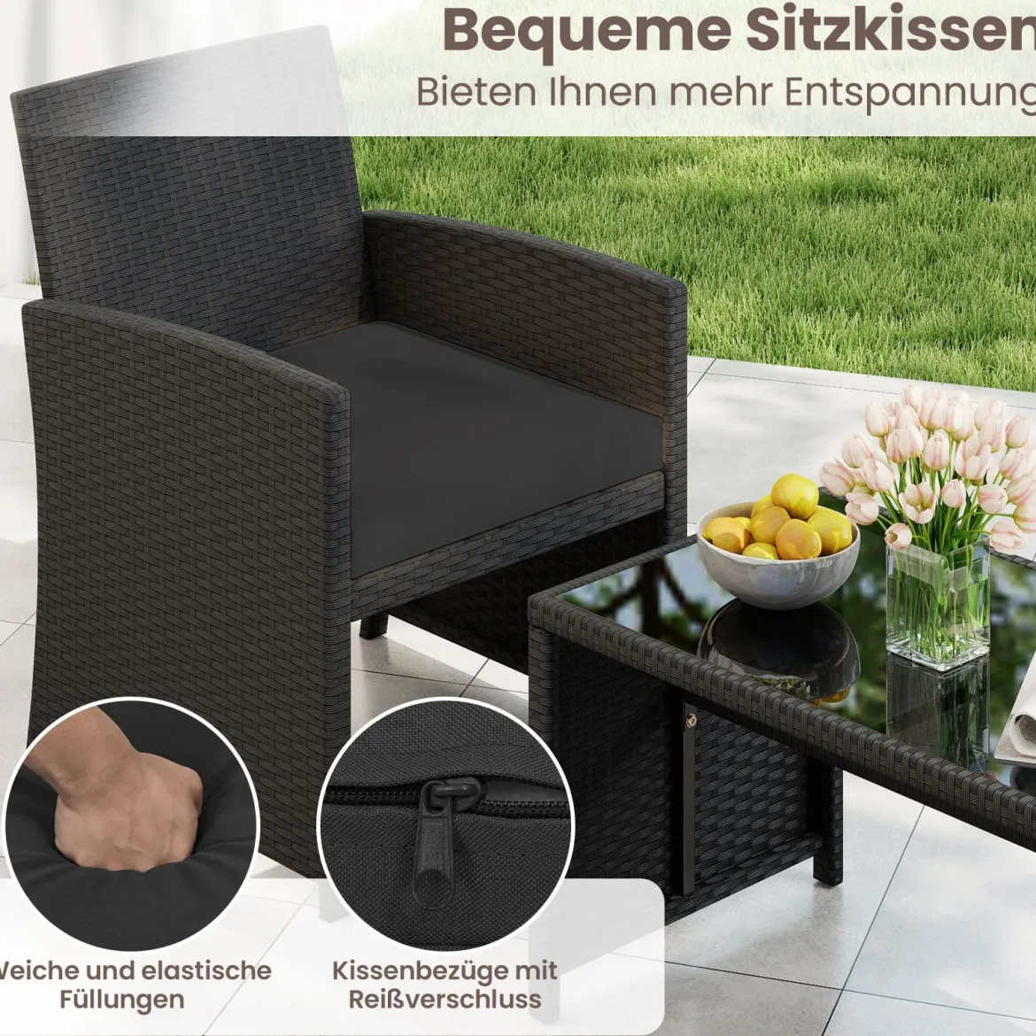 4-teiliges Rattan Gartenmöbel Wicker 2-Sitzer Sofa mit gehärtetem Glas-Couchtisch Schwarz
