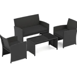 4-teiliges Rattan Gartenmöbel Wicker 2-Sitzer Sofa mit gehärtetem Glas-Couchtisch Schwarz
