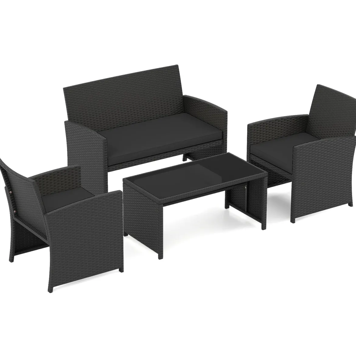 4-teiliges Rattan Gartenmöbel Wicker 2-Sitzer Sofa mit gehärtetem Glas-Couchtisch Schwarz
