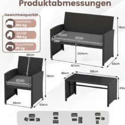 4-teiliges Rattan Gartenmöbel Wicker 2-Sitzer Sofa mit gehärtetem Glas-Couchtisch Grau