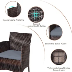 3-teiliges Rattanmöbel-Set Outdoor Rattan-Set mit Kissen Braun + Grau