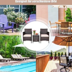 3-teiliges Rattan-Set mit Couchtisch, Stühlen & dicken Kissen Braun + Beige