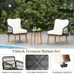 3-teiliges Rattan Terrassenmöbel Set Garten Sitzgarnitur 2 Korbstühle & Glas Beistelltisch & Kissen
