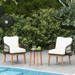 3-teiliges Rattan Terrassenmöbel Set Garten Sitzgarnitur 2 Korbstühle & Glas Beistelltisch & Kissen