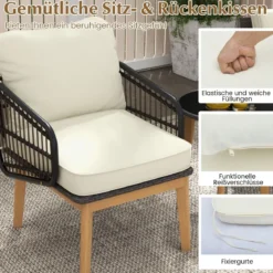 3-teiliges Rattan Terrassenmöbel Set Garten Sitzgarnitur 2 Korbstühle & Glas Beistelltisch & Kissen