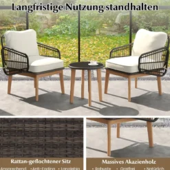 3-teiliges Rattan Terrassenmöbel Set Garten Sitzgarnitur 2 Korbstühle & Glas Beistelltisch & Kissen