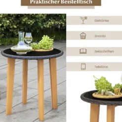 3-teiliges Rattan Terrassenmöbel Set Garten Sitzgarnitur 2 Korbstühle & Glas Beistelltisch & Kissen