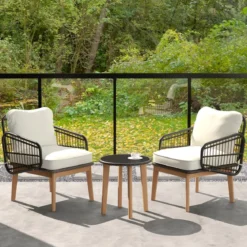 3-teiliges Rattan Terrassenmöbel Set Garten Sitzgarnitur 2 Korbstühle & Glas Beistelltisch & Kissen
