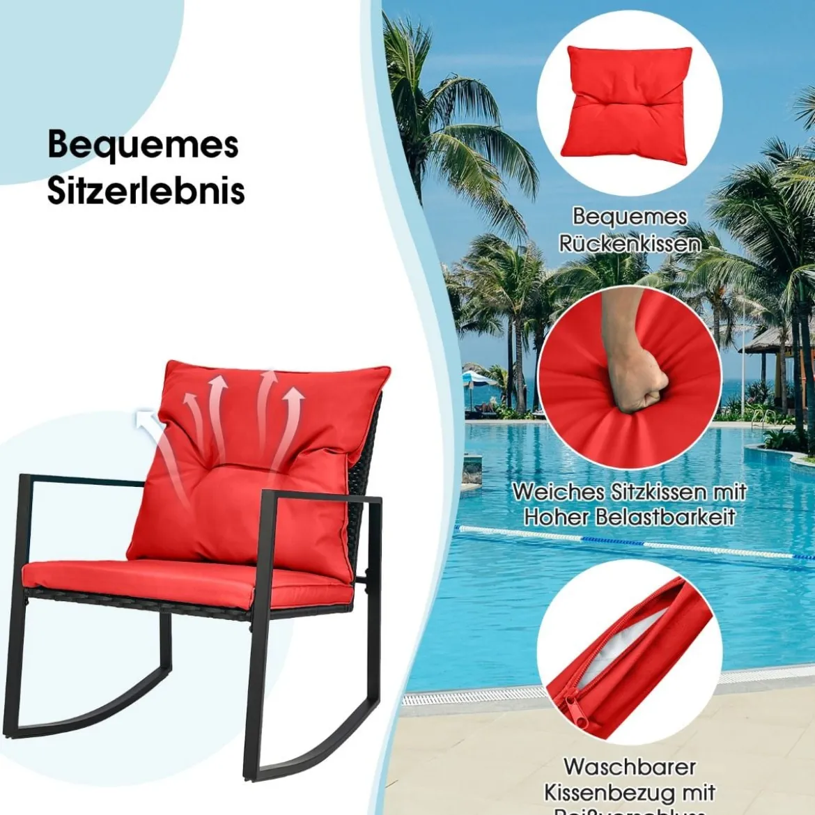 3-Teiliges Schaukel-Bistro-Set Outdoor-Geflechtmöbel-Set Rot