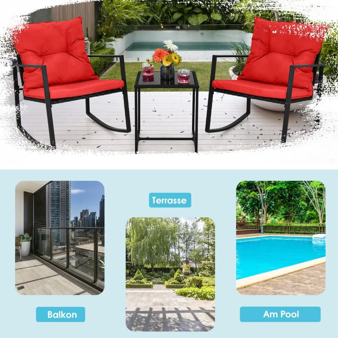 3-Teiliges Schaukel-Bistro-Set Outdoor-Geflechtmöbel-Set Rot