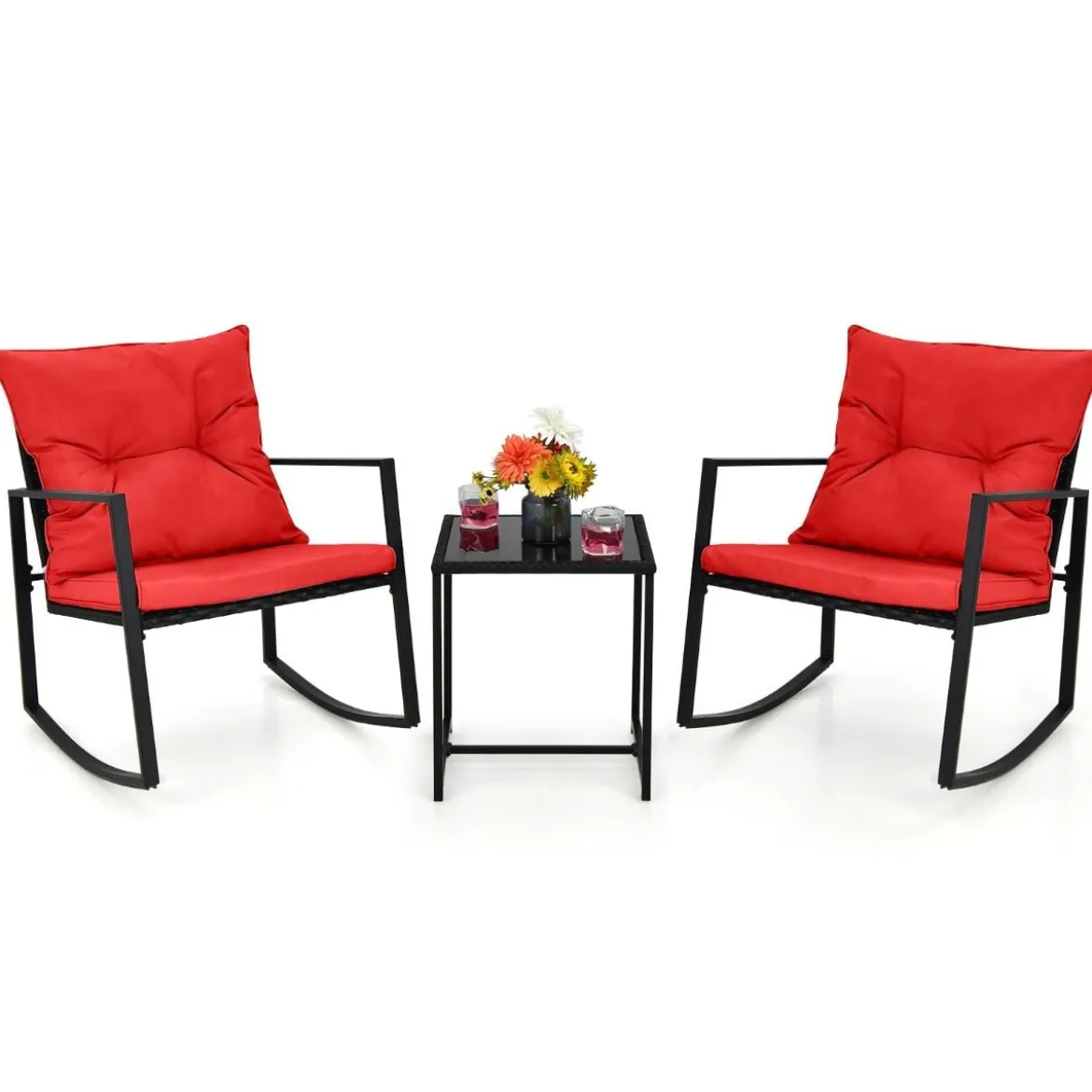 3-Teiliges Schaukel-Bistro-Set Outdoor-Geflechtmöbel-Set Rot