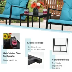 3-Teiliges Schaukel-Bistro-Set Outdoor-Geflechtmöbel-Set 60 x 78 x 78 cm Türkis