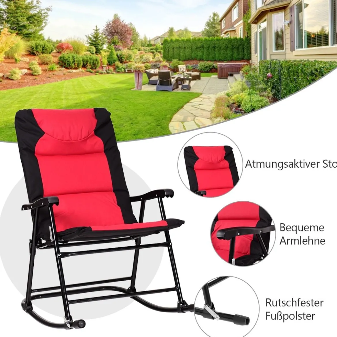 3-teiliges Schaukelliege Liegestühle mit Beistelltisch Gartenliege Rot + Schwarz